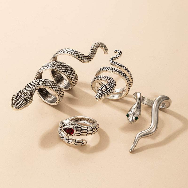 Wholesale  Exaggerated Snake Ring Four-piece Set Inlay Old Animal Ring Set
